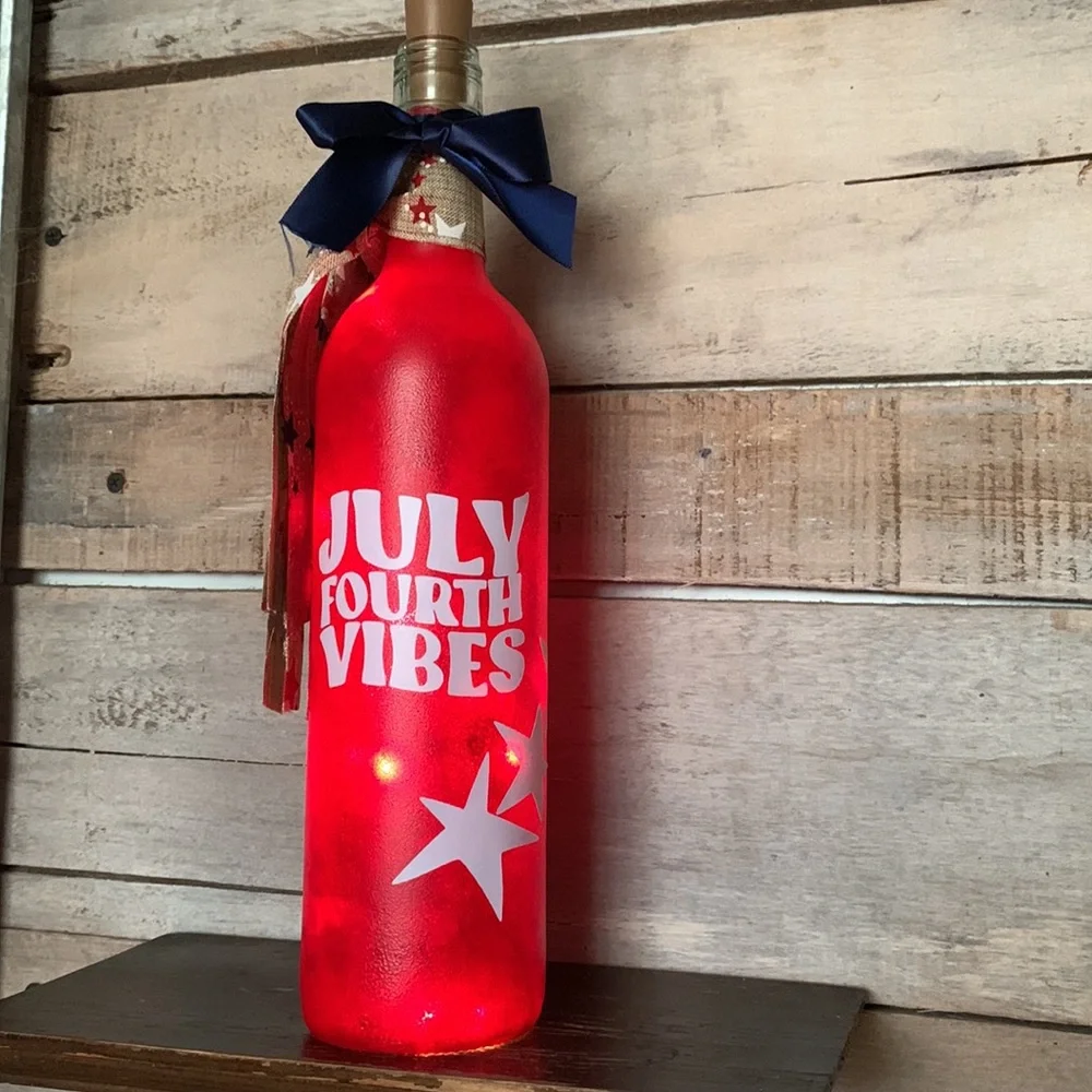 Hand Crafted- Hand Painted Red ‘July Fourth Vibes’ Win Bottle Lantern